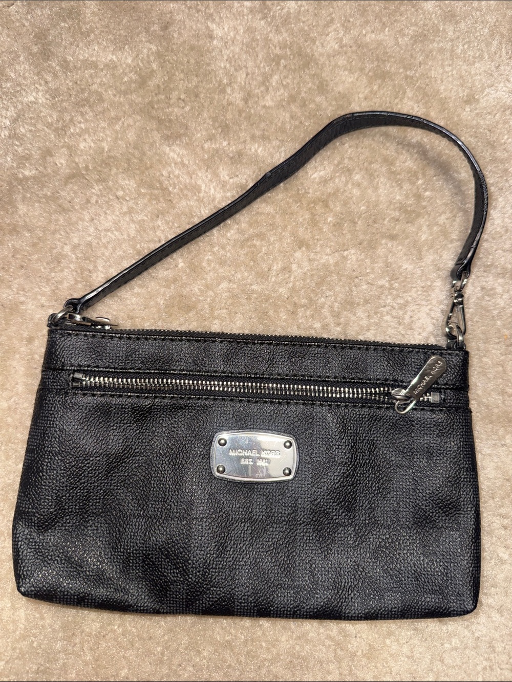 Michael Kors Black Pebbled Leather Wristlet with Silver Hardware